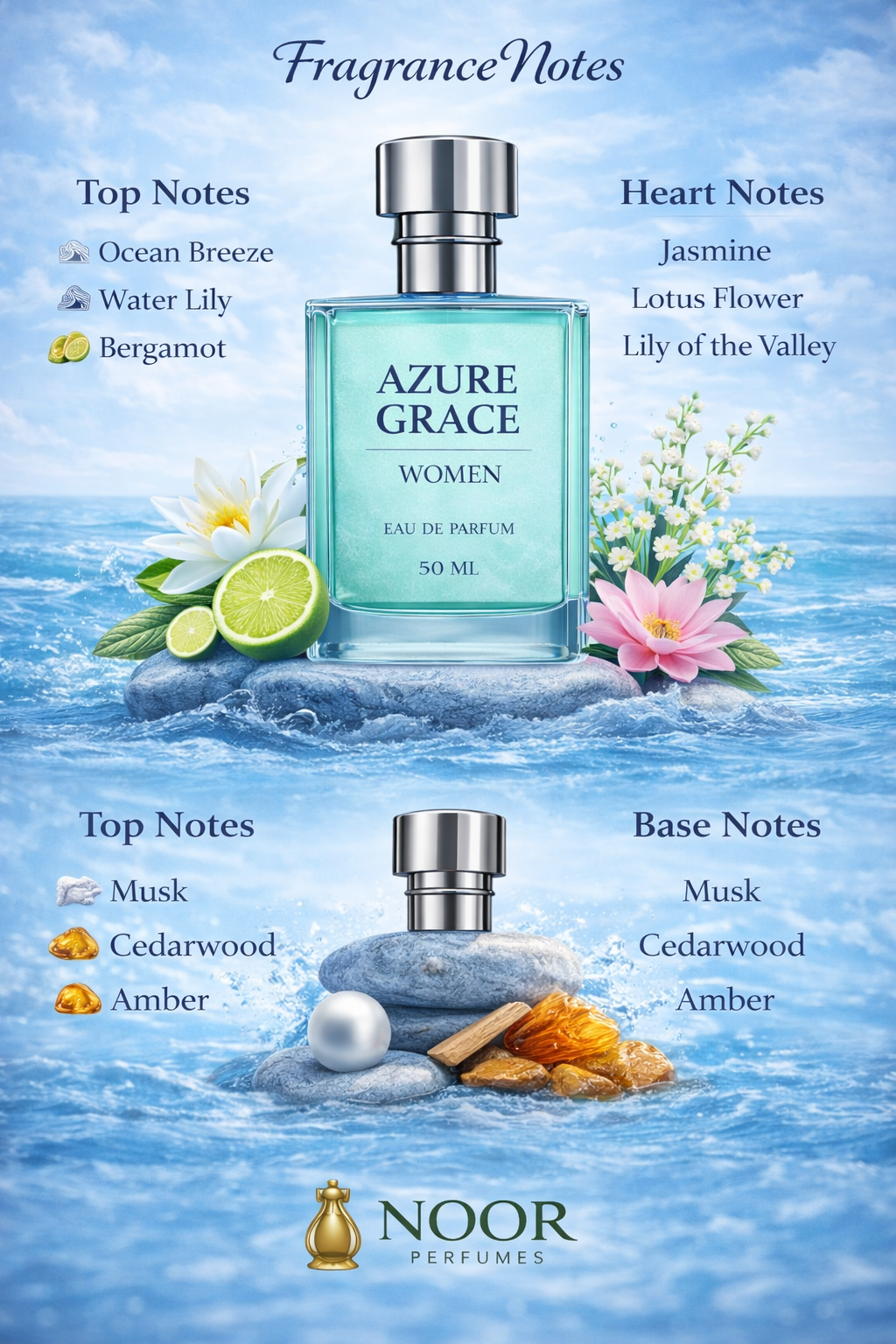 Azure Grace Women Eau de Parfum 50ml | Fresh Aquatic Floral Fragrance Inspired by Luxury – Noor Perfumes