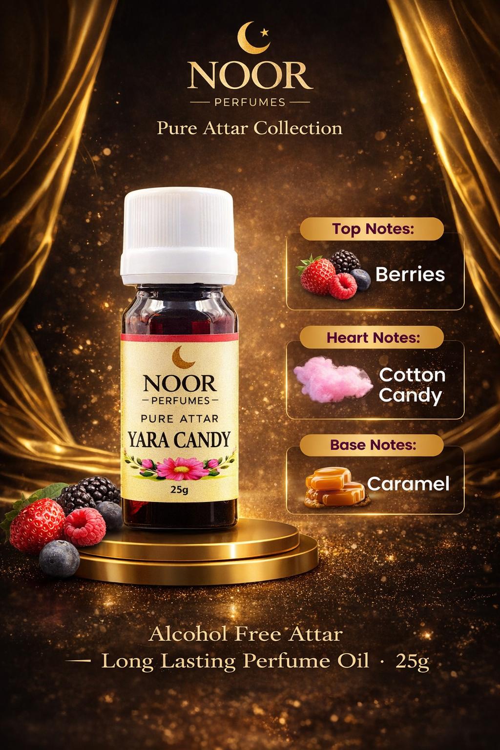 Yara Candy Pure Attar 25g – Sweet Long Lasting Alcohol-Free Perfume Oil | Berries, Cotton Candy & Caramel Fragrance | Noor Perfumes India