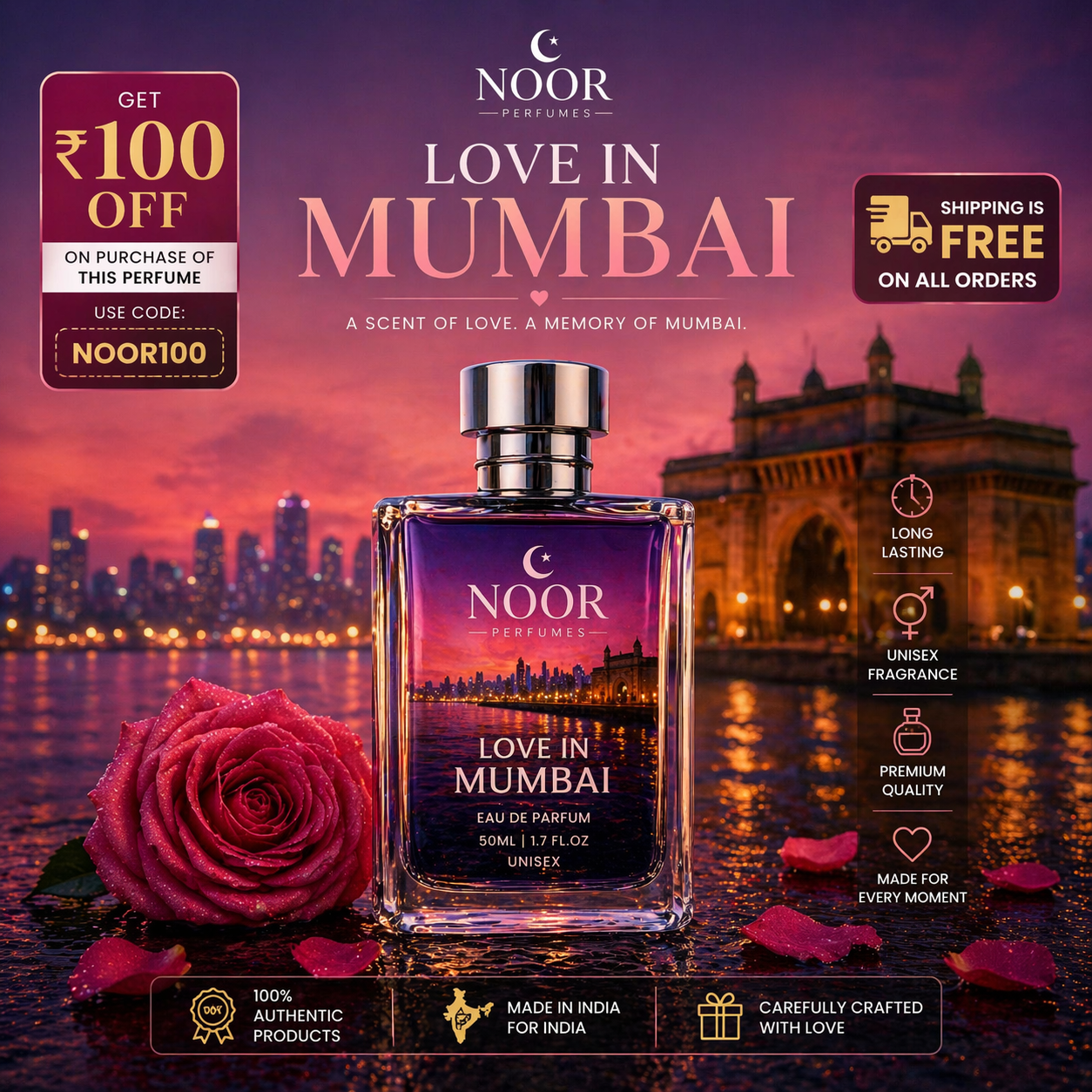 NOOR Love in Mumbai Eau de Parfum 50ML – Unisex Long Lasting Romantic Perfume | Noor Perfume India