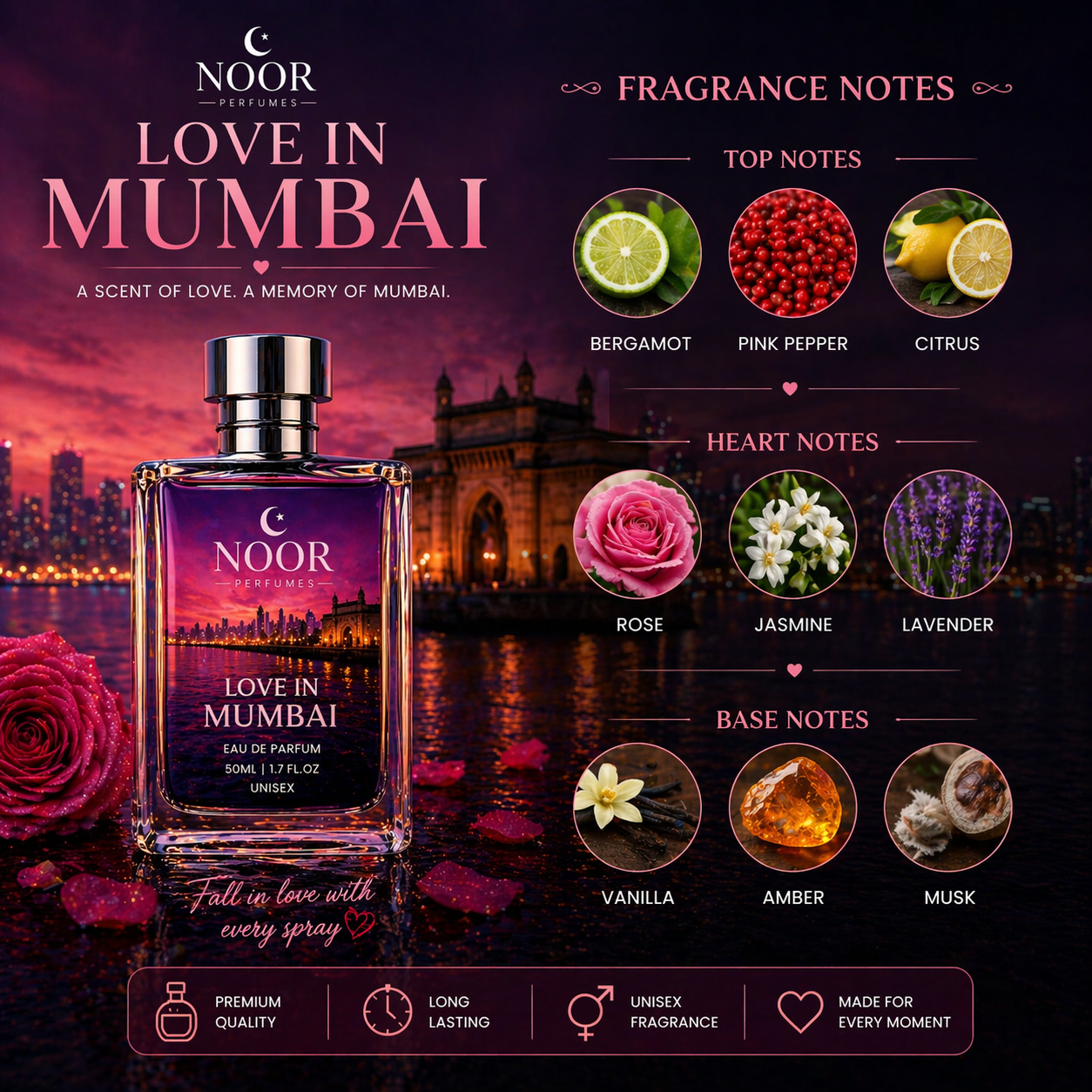NOOR Love in Mumbai Eau de Parfum 50ML – Unisex Long Lasting Romantic Perfume | Noor Perfume India